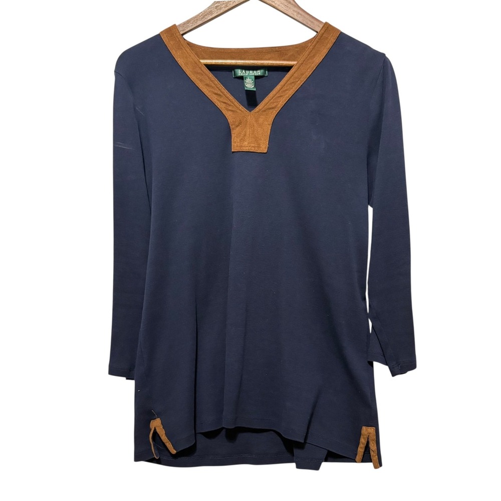 Lauren Ralph Lauren Tunic Top L Navy Blue Suede Trim Equestrian Preppy Capsule
